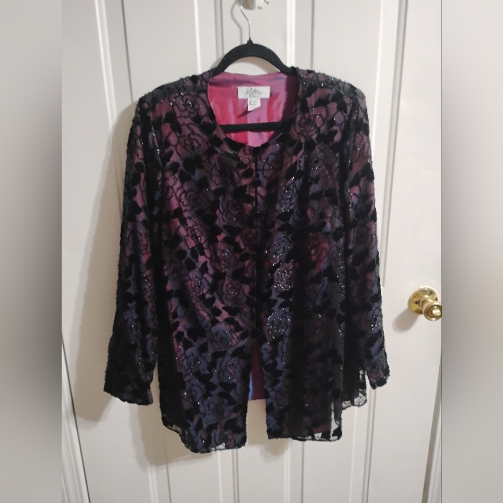 Women's Size 14 Vintage Button-up Blazer Sheer  With Felt Roses Multicolor